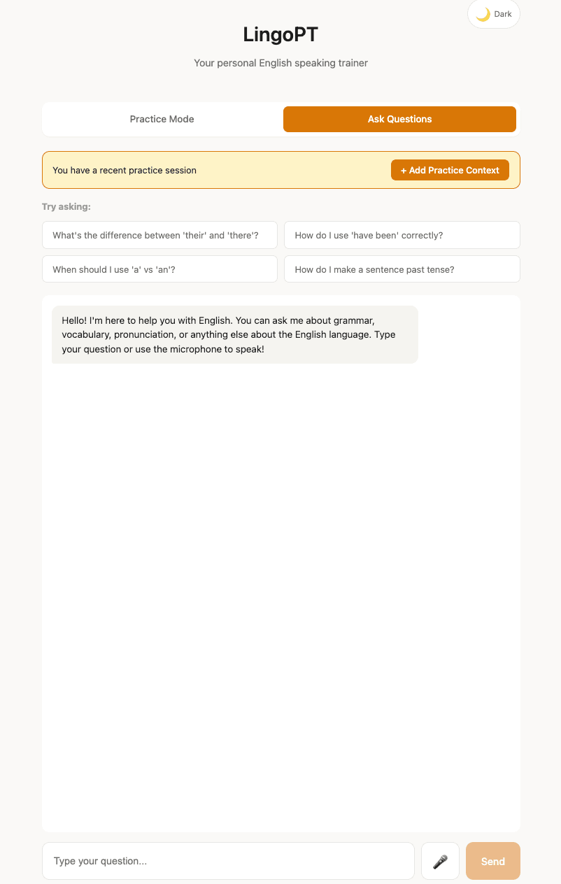 LingoPT Ask Questions mode with AI English teacher chat interface
