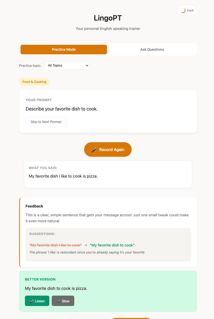 LingoPT Practice Mode showing speech recording, AI feedback with corrections, and text-to-speech playback